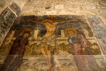 Papier Peint photo Chypre Fragments of a fresco of the crucifixion of Jesus in Kolossi Castle in Limassol, Cyprus 