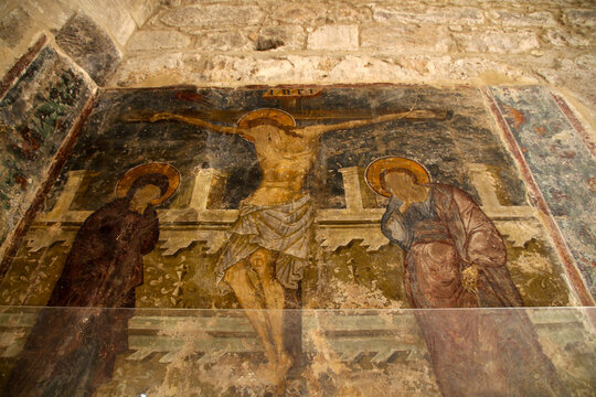 Fragments of a fresco of the crucifixion of Jesus in Kolossi Castle in Limassol, Cyprus 