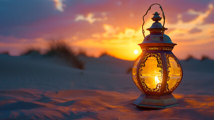 Oriental lamp in sand at Ramadan night, sand dune landscape with bright sunset background