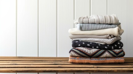 Stack of clean freshly laundered, neatly folded women's clothes on wooden table. Pile of shirts, dresses and sweaters on the table, white wall background. Copy space, close up, top view.