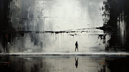Black and white illustration drawing, Silhouette of person standing near a water surface with reflection from water.    
