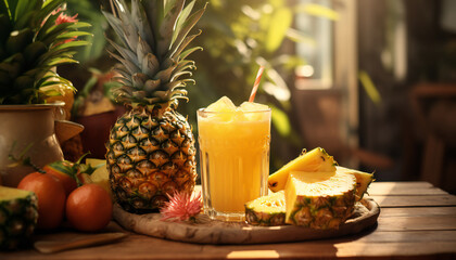Recreation of pineapple juice in a glass with pineapple portions and a pineapple - obrazy, fototapety, plakaty