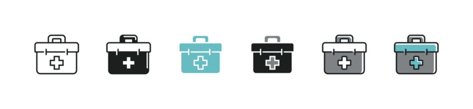 First aid kit medicals emergency bag icon set medkit safety briefcase vector illustration medic tools line symbol design