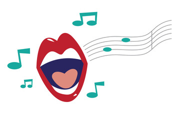 A Mouth Singing with Musical Notes. Editable Clip Art.