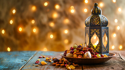 Ramadan Kareem concept photo dry fruits with lantern lamp, Eid Mubarak