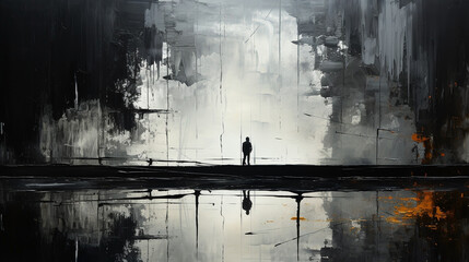 Black and white illustration drawing, Silhouette of person standing near a water surface with reflection from water.    
