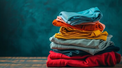 Stack of colorful clothes. Pile of clothing on table empty space background. Laundry and household - obrazy, fototapety, plakaty