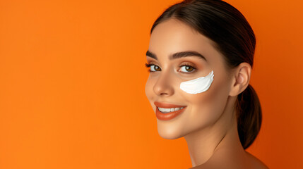 A captivating image of a radiant young woman with a flawless complexion, applying sun protection cream to her face against a vibrant orange background. She embodies the essence of beauty and - obrazy, fototapety, plakaty