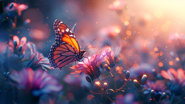 Mindfulness butterfly and flowers lifestyle concept art, spiritual awerness, mental soul health, self care, healthy habit, relief.  Generative ai