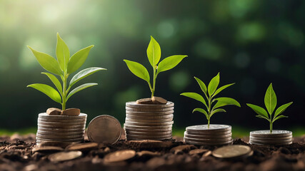 Little plant and pile of coins, concept of investment and savings. Finance concept background.  - obrazy, fototapety, plakaty
