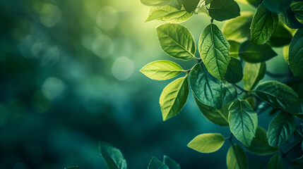 Fototapeta na wymiar Closeup of fresh green leaves on blurred nature background with sunlight, generative ai