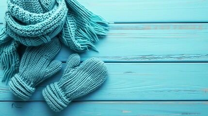 Stylish gloves, scarf and hat on light blue wooden background, flat lay. Space for text --ar 16:9 --v 6 Job ID: be4baf9b-3f9d-4324-a87c-d95b702c34c5 - obrazy, fototapety, plakaty