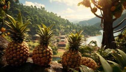 Recreation of pineapples in a tropical place - obrazy, fototapety, plakaty