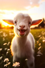 White goat with happy face standing in field.