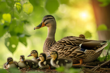 a mother duck with her ducklings. family, motherhood in birds. cubs.