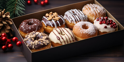   A Collection of Colorful Donuts on packing box and Christmas celebration background