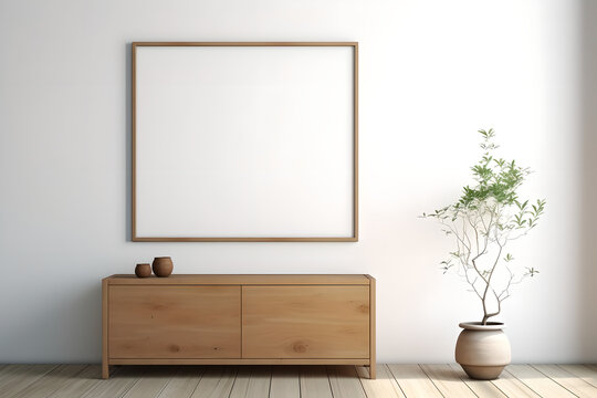 blank poster frame mockup on white wall living room with wooden sideboard with small green plant