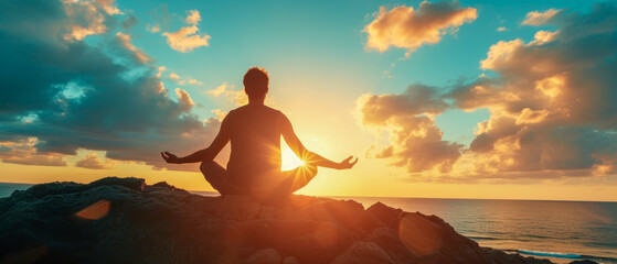 Man meditating on a rock at sunset by the sea.
