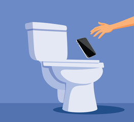 Person Dropping her Phone in the Toilet Bowl Vector Cartoon Illustration. Unlucky mobile user taking out his device from toilet water 
