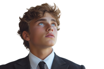 Handsome young man wearing a suit and tie, hugging his chest, looking off to the side isolated on transparent background