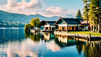 Obraz premium Lake, lakeside, apartments, resorts,lake bled country, lake side resorts, water, picnic, 