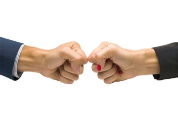 Fist to fist. Female hand vs. female hand isolated on transparent background
