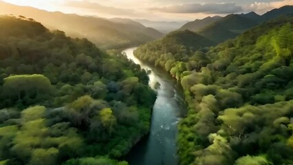 Generative AI of Aerial drone video, views of green forests with long rivers, illuminated by the afternoon sun or golden hour
