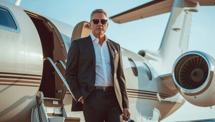 Mature businessman boarding private jet