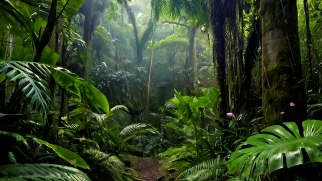 views of dense and green tropical forests. butterflies flying. 4k seamless loop video