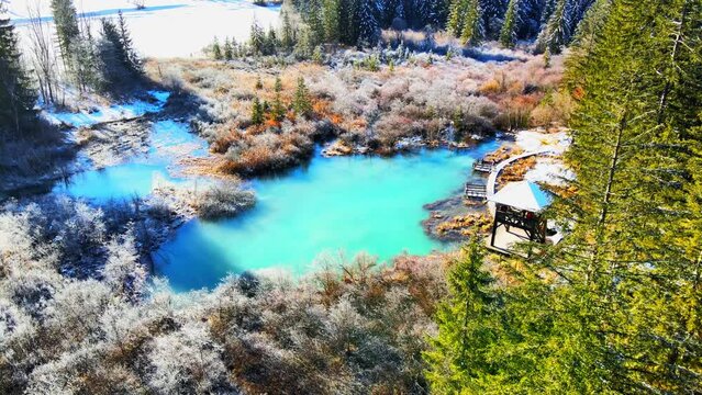 Aerial 4K drone footage of Zelenci Springs. It is a nature reserve near the town of Kranjska Gora, in the far northwestern corner of Slovenia.