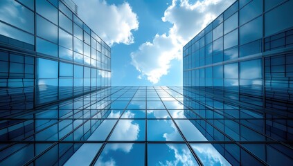Modern blue glass building under cloudy sky