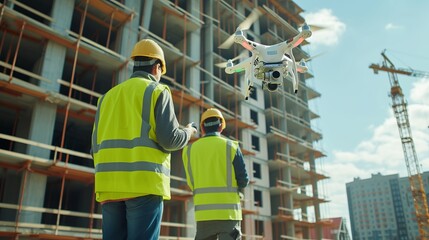 Fototapeta na wymiar Two Specialists Use Drone on Construction Site. Architectural Engineer and Safety Engineering Inspector Fly Drone on Building Construction Site Controlling Quality. Focus on Drone 