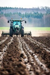 Fototapeta premium Spring. The tractor is plowing the land. The tractor's tires leave tracks as it plows through the field.