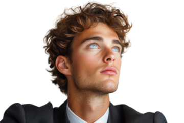 Handsome young man wearing a suit and tie, hugging his chest, looking off to the side, isolated on transparent background