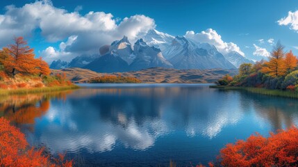 A breathtaking landscape with a serene lake, vibrant autumn foliage, and majestic snow-capped mountains in the background., generative ai