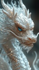 A detailed, intricate dragon sculpture with blue eyes and numerous ornate patterns giving a majestic appearance., generative ai