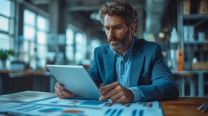 Obraz premium A focused man with grey hair reviews charts on paper while holding a tablet in an office., generative ai