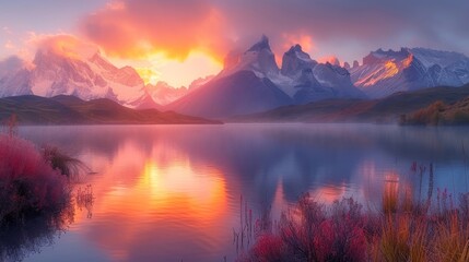 A serene lake reflects a fiery sunrise, with snow-capped peaks and colorful foliage enhancing the vista., generative ai