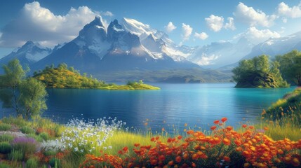 A serene landscape features a lake, colorful wildflowers, verdant trees, and majestic snow-capped mountains under a clear sky., generative ai
