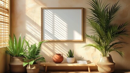 A serene room corner with plants, a bench, a framed picture, books, and warm sunlight filtering through blinds., generative ai