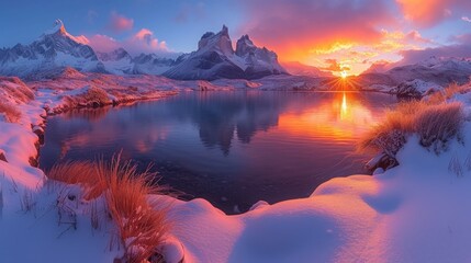 A serene snowy mountain landscape with a tranquil lake reflecting a vibrant sunset amid clouds., generative ai
