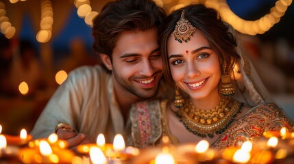 young couple celebrating diwali at home with full of happiness