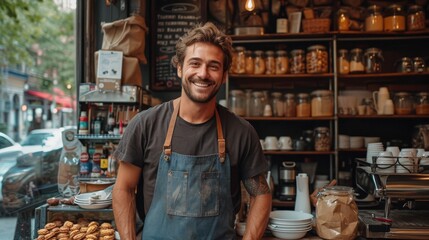 A smiling man in an apron stands in a cozy café filled with shelves of dishes., generative ai