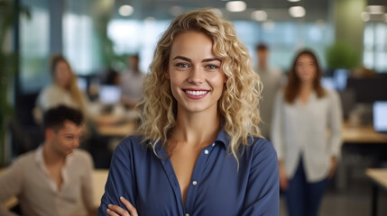 Fototapeta premium Attractive and confident smiling professional woman posing in her business office with her colleagues