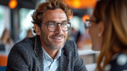 Obraz premium A smiling man with glasses engaged in a conversation with a woman at a well-lit venue., generative ai
