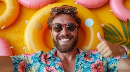 A smiling man with sunglasses gives a thumbs-up, surrounded by vibrant yellow pool floaties, radiating summer vibes., generative ai