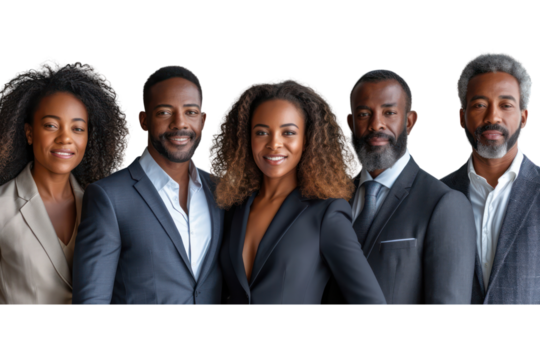 Portrait of successful group of black business people at modern office looking at camera isolated isolated on transparent background