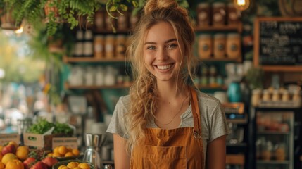 A smiling woman with an apron stands in a cozy shop filled with fresh produce and jars., generative ai