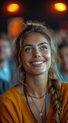 Obraz premium A smiling woman with braided hair, wearing a yellow top, is captured in a warmly lit space., generative ai