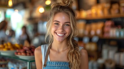 A smiling young woman with blonde hair wearing a denim apron stands in a warmly lit cafe., generative ai